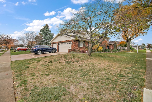 ranch-style house with a front yard and a garage