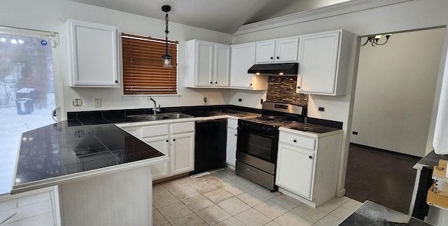 kitchen with dishwasher, sink, stainless steel stove, decorative light fixtures, and white cabinetry