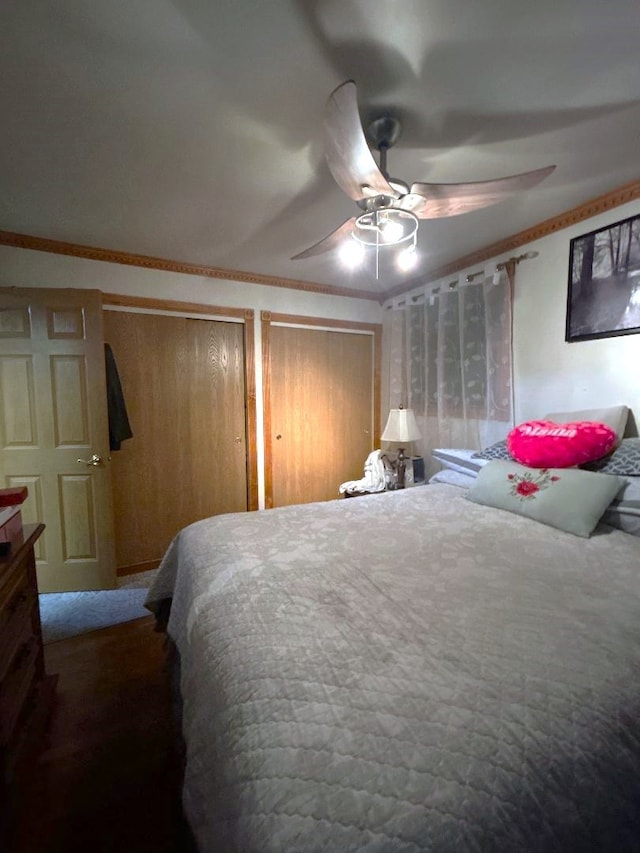 bedroom with carpet, ceiling fan, crown molding, and multiple closets