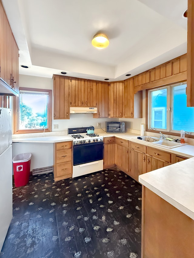 kitchen featuring white appliances, sink, and a tray ceiling