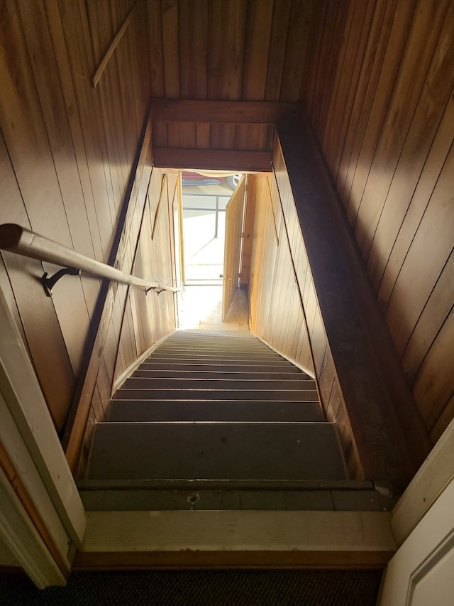 stairway featuring wood walls