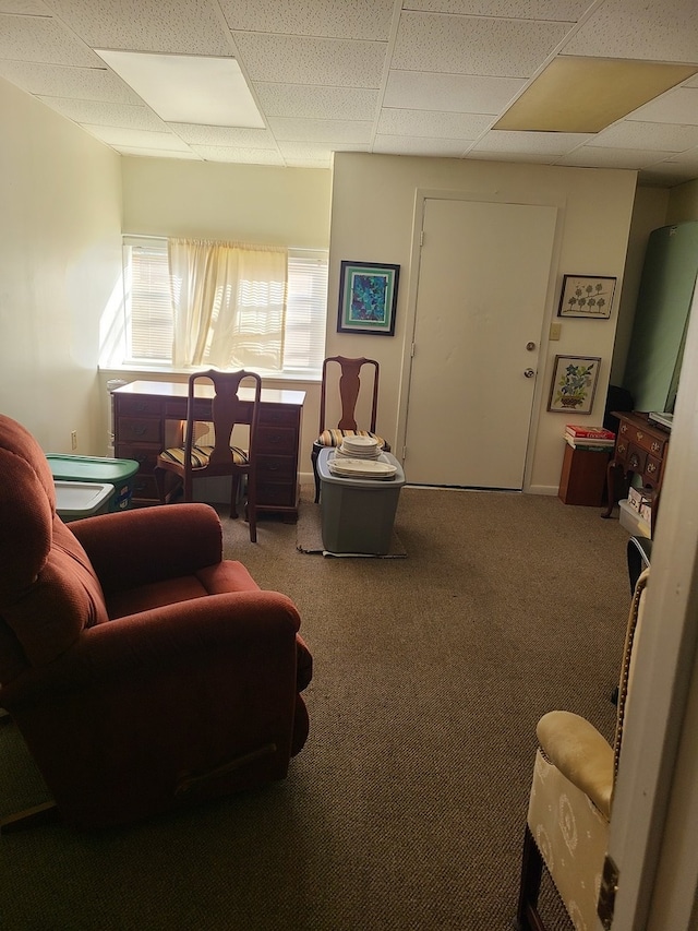 carpeted living room with a paneled ceiling