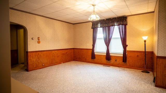 carpeted empty room featuring wood walls and a paneled ceiling