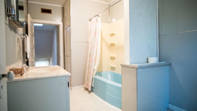 bathroom featuring vanity, shower / tub combo, and ornamental molding