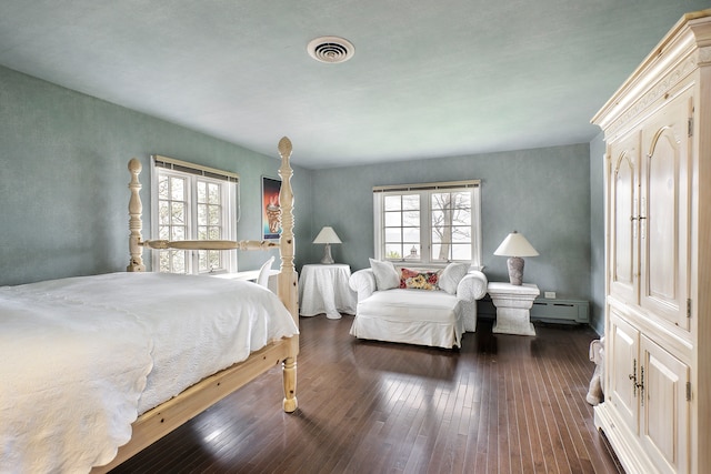 bedroom featuring a baseboard radiator, dark hardwood / wood-style flooring, and multiple windows