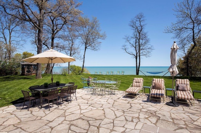 view of patio with a water view