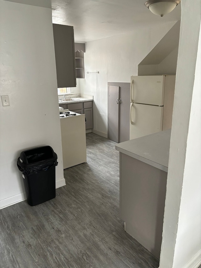 kitchen with gray cabinets, sink, white fridge, and dark hardwood / wood-style flooring