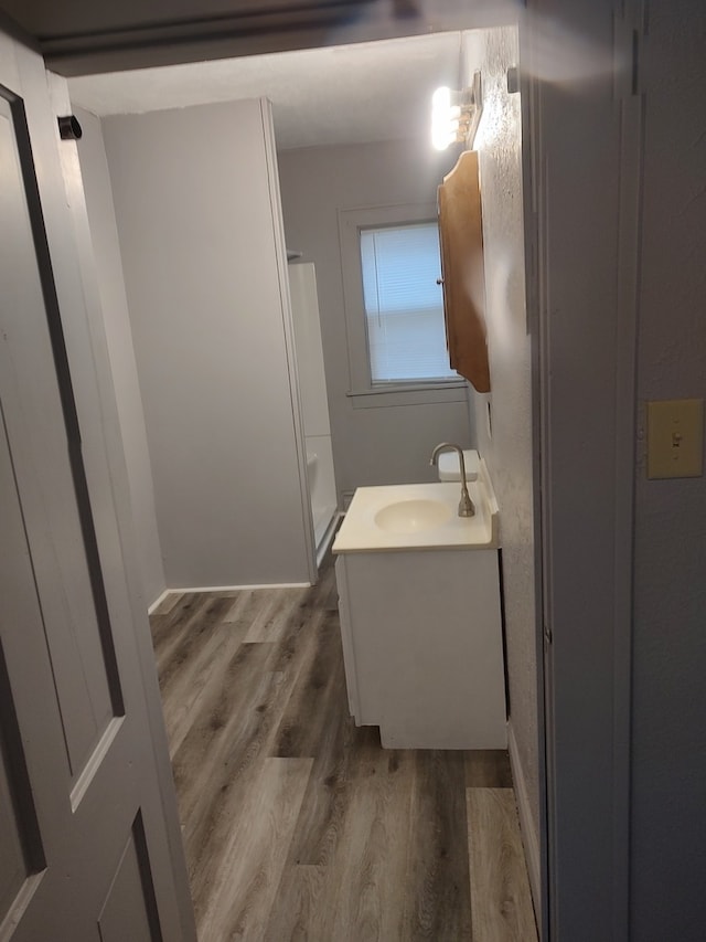 bathroom with vanity, hardwood / wood-style flooring, and a shower