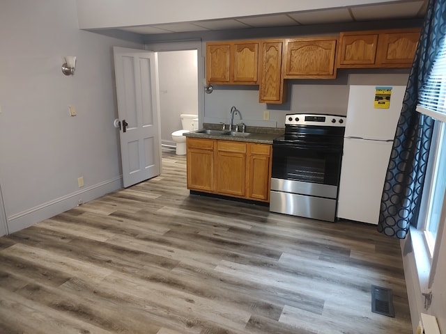 kitchen with stainless steel electric stove, white fridge, a healthy amount of sunlight, and sink