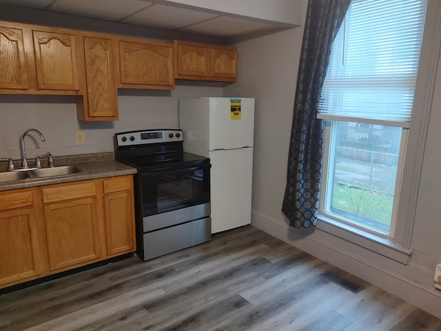 kitchen with sink, a drop ceiling, stainless steel electric range, white refrigerator, and dark hardwood / wood-style flooring