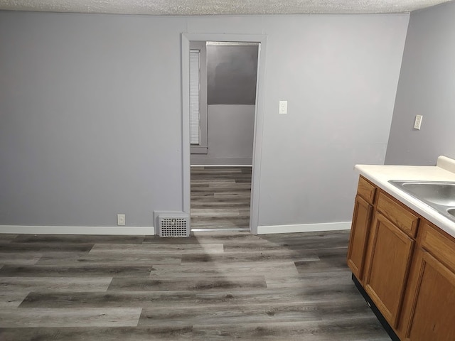 kitchen featuring a textured ceiling, sink, and dark wood-type flooring