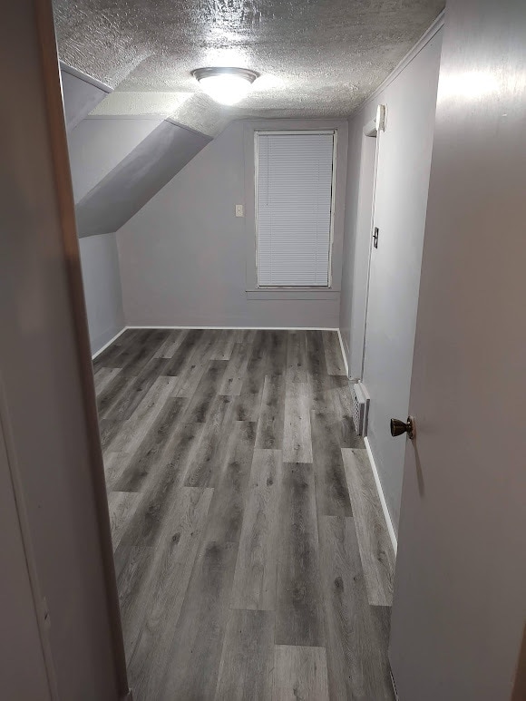 additional living space featuring a textured ceiling, vaulted ceiling, and hardwood / wood-style flooring