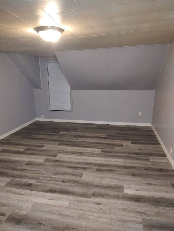 additional living space with dark wood-type flooring and vaulted ceiling