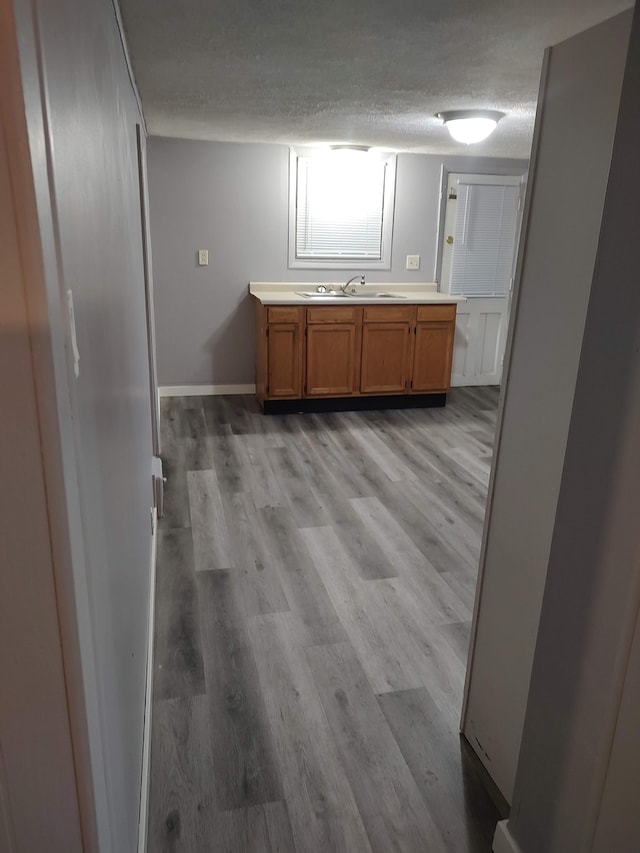 kitchen with light hardwood / wood-style floors, a textured ceiling, and sink