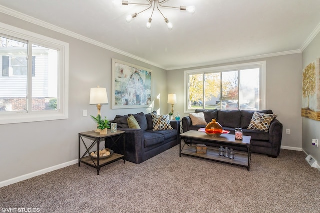 living room with carpet, crown molding, and plenty of natural light