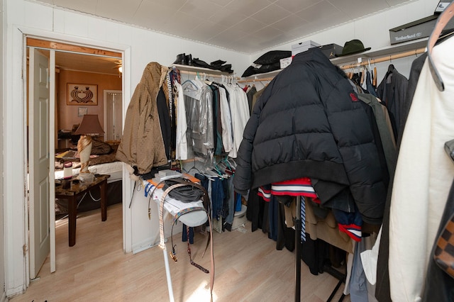 walk in closet with light hardwood / wood-style floors