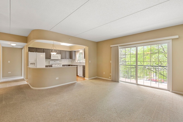 124 W Colfax St Unit 301, Palatine, IL 60067 - kitchen featuring white appliances, light colored carpet, light countertops, open floor plan, and a textured ceiling