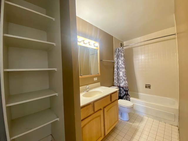 full bathroom featuring vanity, toilet, shower / bathtub combination with curtain, and tile patterned flooring