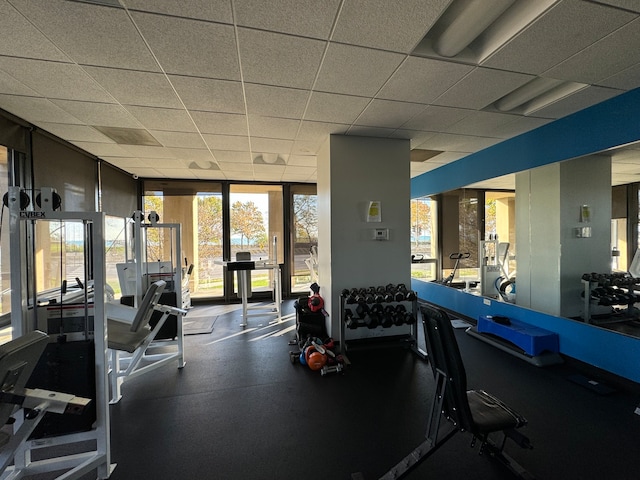 workout area with a drop ceiling and floor to ceiling windows