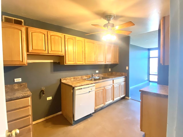 kitchen with dishwasher, sink, and ceiling fan