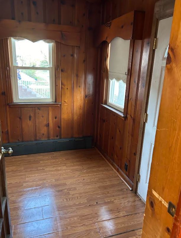 spare room featuring wooden walls, light hardwood / wood-style floors, and plenty of natural light