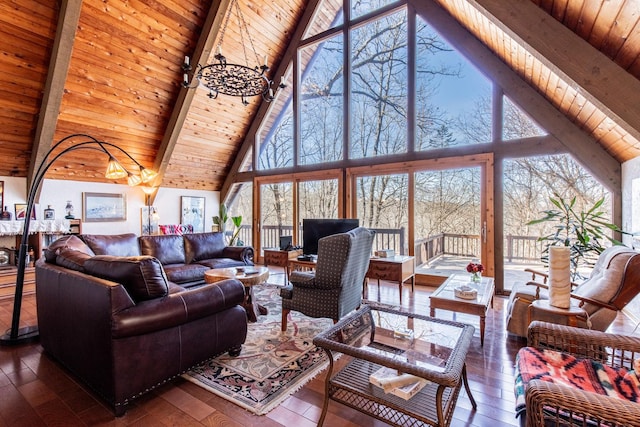 living area featuring wood ceiling, expansive windows, beam ceiling, high vaulted ceiling, and dark wood-style flooring