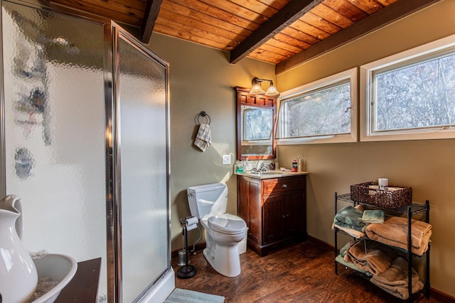 bathroom featuring beam ceiling, a stall shower, wood ceiling, and wood finished floors