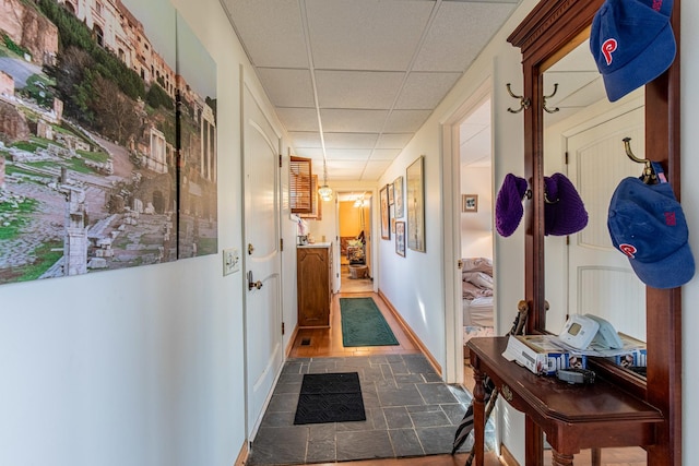 hallway with baseboards, a drop ceiling, and stone finish flooring