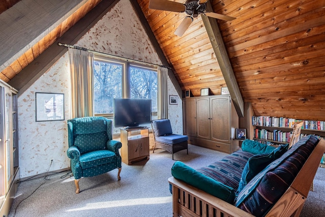 living room featuring wooden ceiling, vaulted ceiling with beams, carpet, and ceiling fan