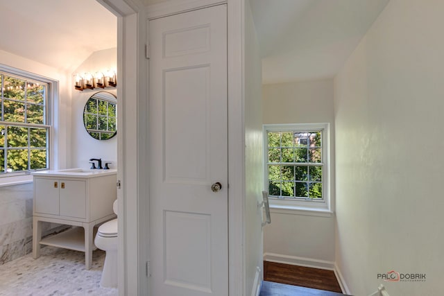 bathroom featuring toilet, vanity, hardwood / wood-style flooring, and vaulted ceiling