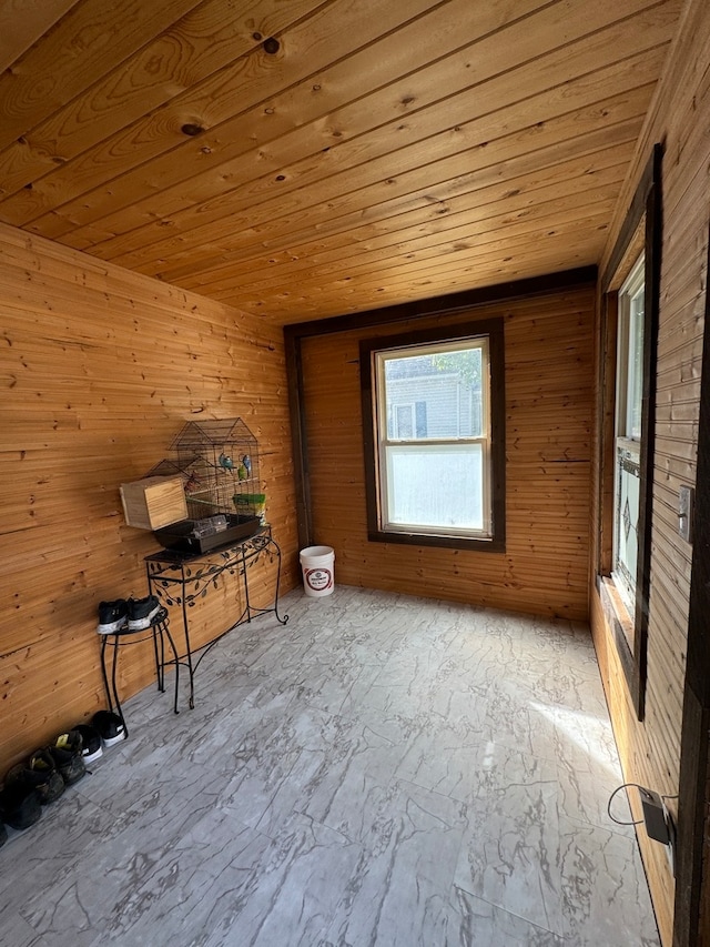 misc room with wood walls and wooden ceiling