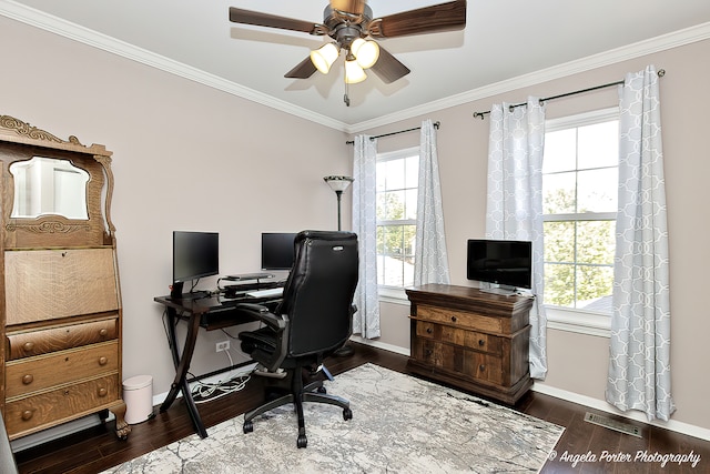 office space featuring ornamental molding, dark hardwood / wood-style flooring, and a healthy amount of sunlight