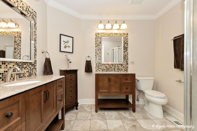 bathroom with crown molding, vanity, an enclosed shower, decorative backsplash, and toilet