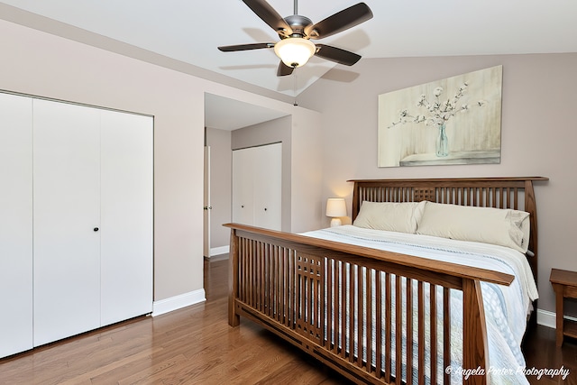 bedroom featuring wood-type flooring, ceiling fan, and vaulted ceiling