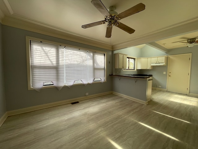 unfurnished living room with ceiling fan, light hardwood / wood-style flooring, crown molding, and lofted ceiling