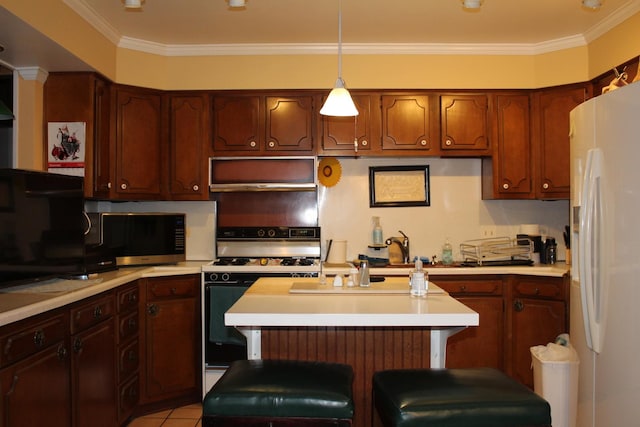 kitchen featuring ventilation hood, white appliances, ornamental molding, and a breakfast bar area