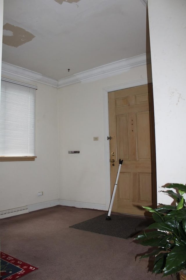 spare room with carpet, a baseboard heating unit, and ornamental molding