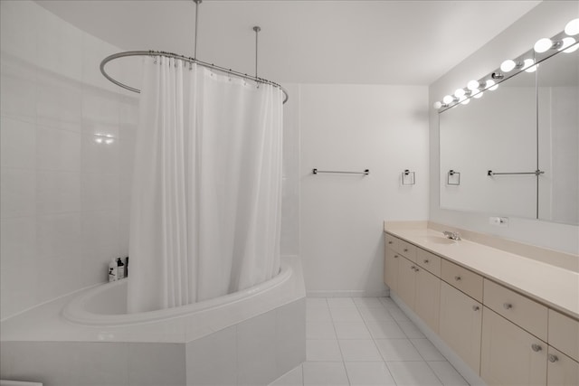 bathroom with vanity, shower / bathtub combination with curtain, and tile patterned floors