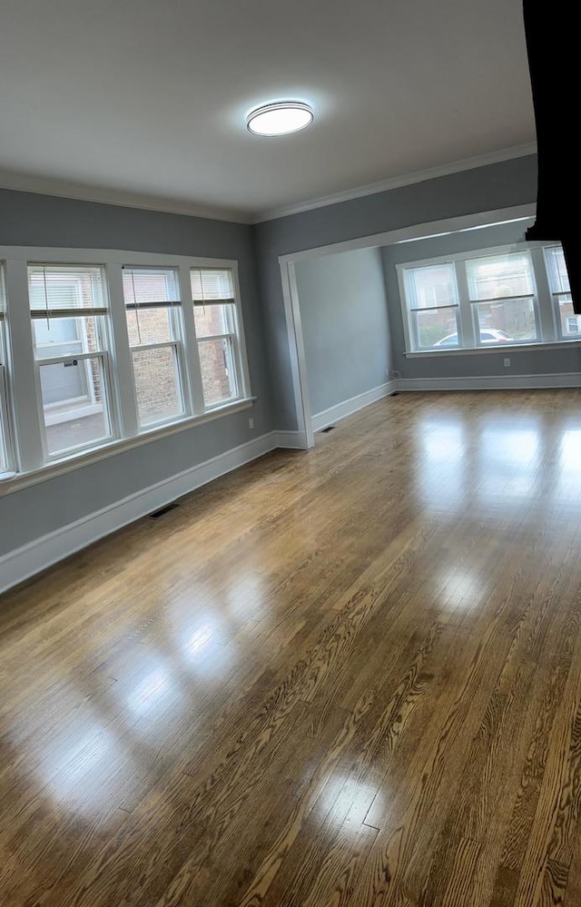 empty room featuring hardwood / wood-style flooring and crown molding