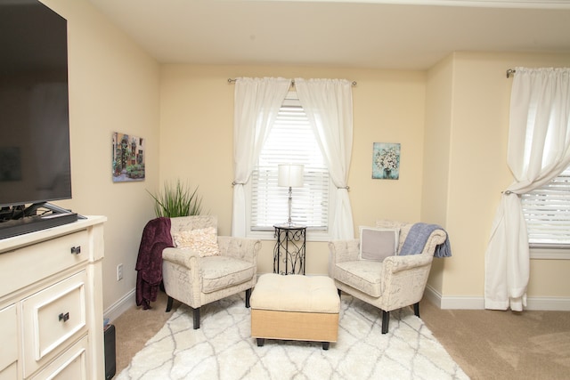 living area with light colored carpet