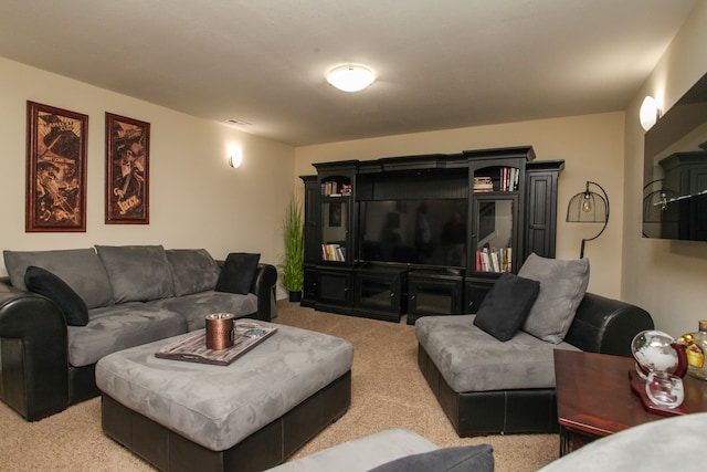 living room featuring light carpet