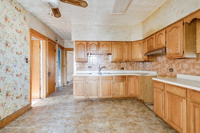 kitchen featuring sink, decorative backsplash, and ceiling fan