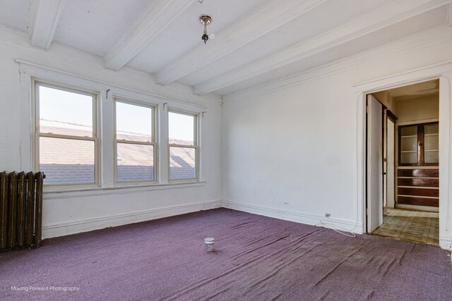 empty room with beam ceiling, carpet, radiator heating unit, and ornamental molding