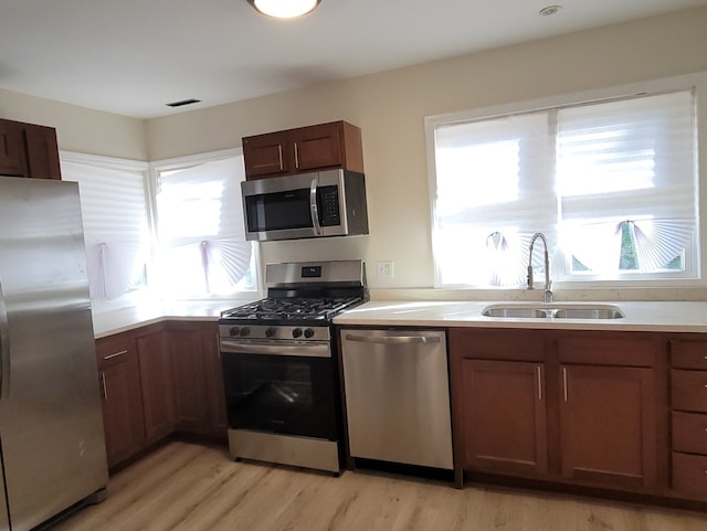 kitchen featuring stainless steel appliances, sink, and light wood-type flooring