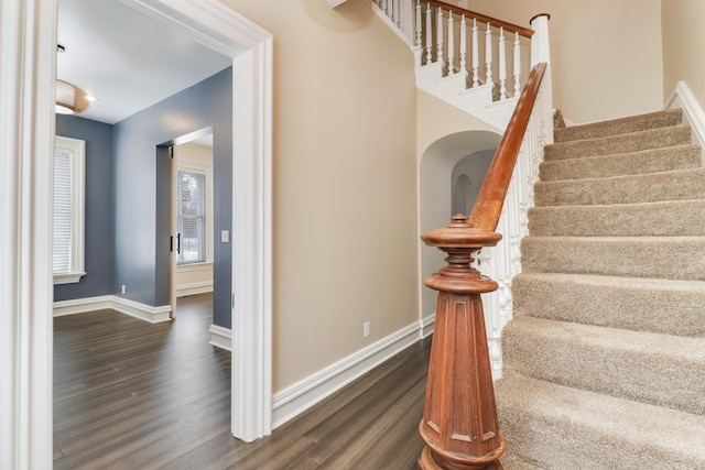 stairs featuring hardwood / wood-style flooring