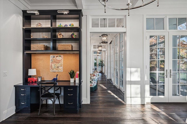 office featuring french doors, ornamental molding, and dark hardwood / wood-style floors