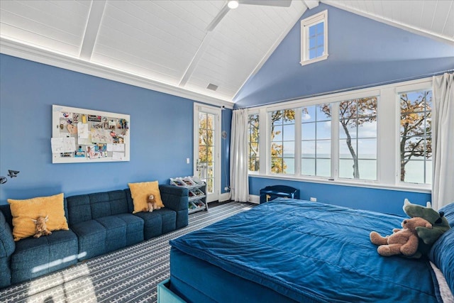 bedroom featuring beamed ceiling, access to outside, wooden ceiling, and high vaulted ceiling