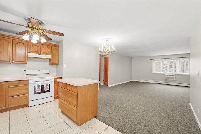 kitchen featuring baseboard heating, white stove, a kitchen island, ceiling fan with notable chandelier, and light colored carpet