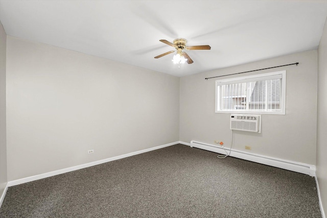 unfurnished room with baseboard heating, ceiling fan, carpet, and an AC wall unit