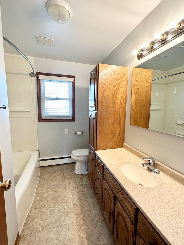 full bathroom featuring a baseboard radiator, tub / shower combination, vanity, and toilet